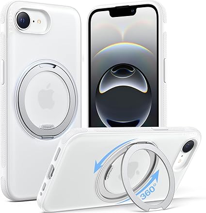 TORRAS iPhone 16e 用 ケース【動画視聴用スタンドケース】多機能一体360°回転スタンド 2025 半透明 耐衝撃 マット感 黄ばみなし レンズ保護 ストラップホール付き Magsafe対応 ワイヤレス充電対応 スマホケース ドット模様 iPhone16e 用カバー 6.1インチ 「Ostand R Fitness」純白（ホワイト）