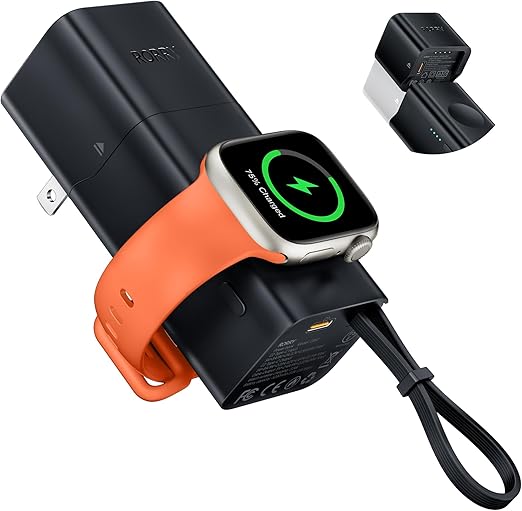 RORRY [業界初発売・ACアダプター取り外し・コンセント一体型モバイルバッテリー]5200mAh power bank iPhoneとApplewatch同時充電可能 ライトニング充電ケーブル内蔵 PD22.5W急速充電 小型 パススルー充電 ３台同時充電 折りたたみ式プラグ 持ち運び便利 iPhone14シリーズ/applewatch/Androidなど種機器対応