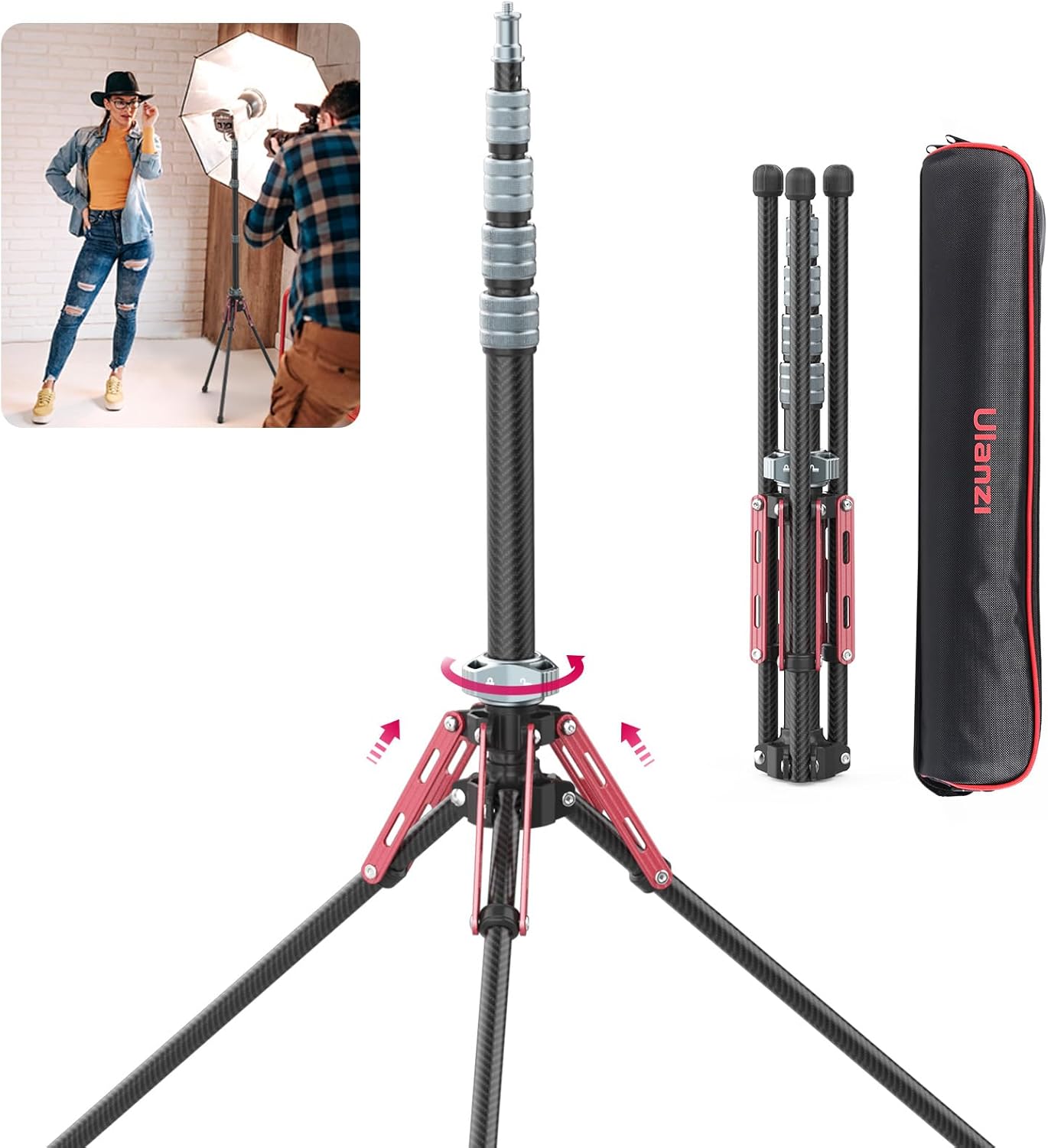 Ulanzi ライトスタンド 撮影用スタンド カーボン製 軽量 194cm ストロボスタンド 5段伸縮 逆向き折り畳み 写真 スタジオ照明 ビデオ撮影 フトボックス用 三脚 MT-49