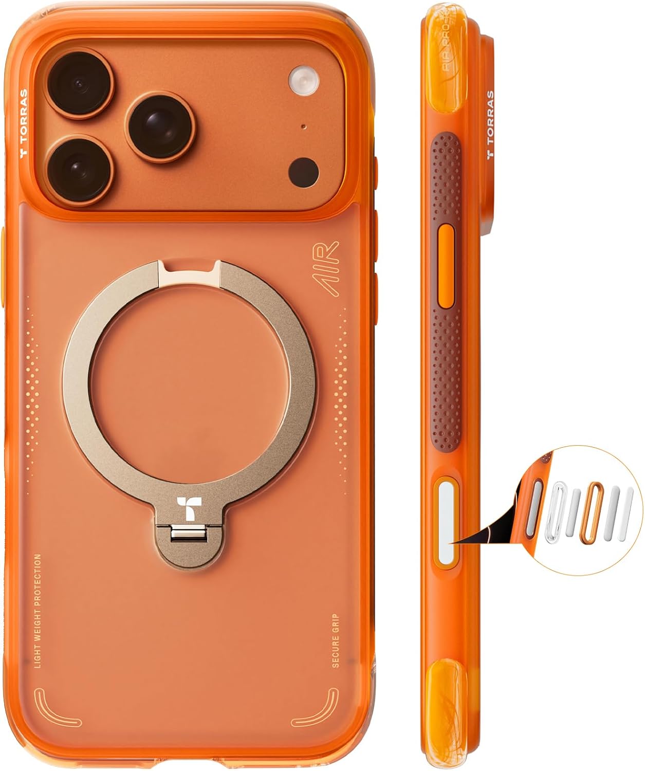 TORRAS iPhone 17 Pro Max 6.9 インチ 用 ケース【エアバッグ 超強保護・米軍 MIL規格 】リング スタンド MagSafe対応 Ostand Q3 Air 360°定点回転 縦横両対応 MagSafe対応 ワイヤレス充電 カメラコントロールボタン付き 登山・アウトドア活動 暁・オレンジ