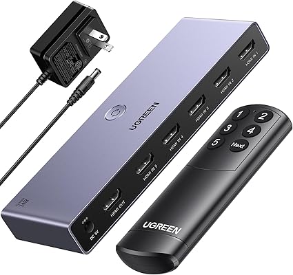 UGREEN HDMI切り替え器 5入力1出力 8K@60Hz 切替機 HDMIセレクター HDMI切替器 HDCP 2.3/HDMI 2.1 手動 切り替え HDR/3D Windows、MacOS、Linux対応【PS3/PS4/PS5/Switch動作確認済み】電源アダプター付き