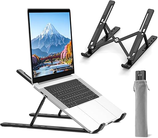 BoYata ノートパソコン スタンド iPadスタンド 折りたたみ式 6段階調節可能 軽量 放熱 アルミ合金製 PCタブレット 15.6インチまでデバイスに対応 在宅/出勤勤務 収納袋付き ブラック