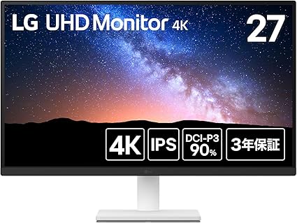 LG モニター ディスプレイ 27US500-W 27インチ/4K(3840×2160)/IPS/約10.7億色表示(8bit+FRC)/DCI-P3 90%/HDR/アンチグレア/HDMI×2/DisplayPort/フリッカーセーフ/ブルーライト低減モード/色覚調整/3辺フレームレス/3年安心・無輝点保証