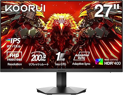 KOORUI ゲーミングモニター 27インチ IPS 200Hz 1ms GTG HDR400 非光沢 フルHD 90%DCI-P3ブルーライト軽減 HDMI DisplayPort Adaptive Sync VESA対応 G2711P
