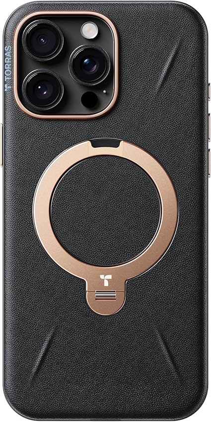 【新感覚レザー・スキンタッチ】TORRAS iPhone 16 Pro Max 用 ケース 革 ゼンマイ式スタンド 縦横両対応 リング マグネット搭載 MagSafe対応 ワイヤレス充電対応 米軍規格耐衝撃 指紋防止 黄変防止 6.9インチ Ostand Q3 レザートーン こくよう・ブラック