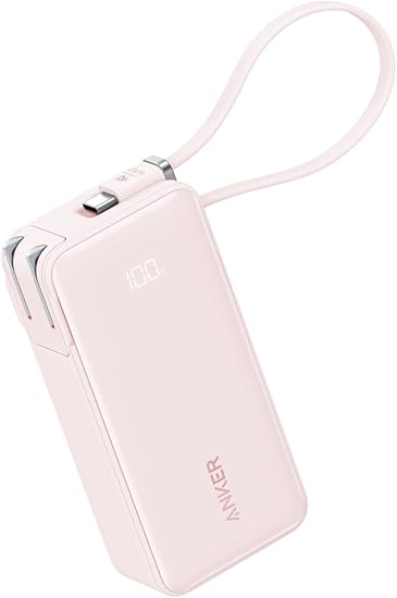 Anker Power Bank (10000mAh, Fusion, Built-In USB-C ケーブル) (10000mAh 30W出力モバイルバッテリー搭載 30W出力USB充電器) / LEDディスプレイ搭載/USB-Cケーブル一体型/コンセント一体型/折りたたみ式プラグ 1台3役 (ピンク)