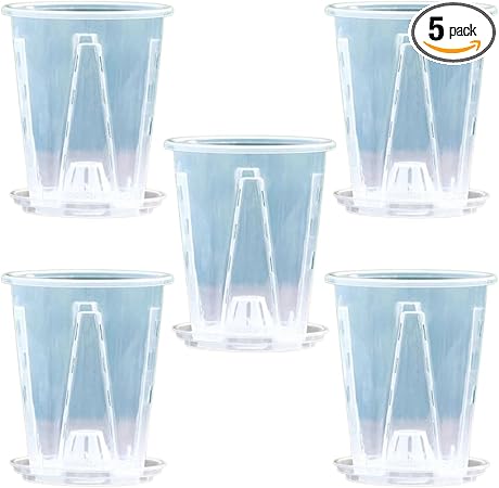 ateena 植木鉢 プラスチック スリット鉢 透明鉢 観葉植物 鉢 4号 5号 底皿付き 5個セット A (10cm)