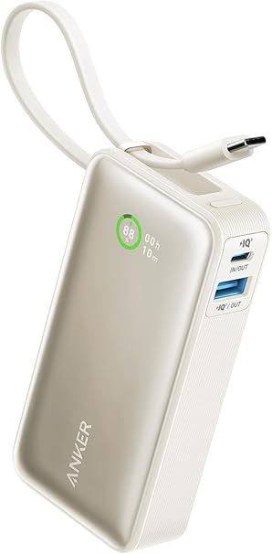Anker Nano Power Bank (30W, Built-In USB-C Cable) (モバイルバッテリー 10000mAh 30W出力 大容量 LEDディスプレイ搭載 USB-Cケーブル内蔵 一体型)【PD/PowerIQ搭載/PSE技術基準適合】iPhone 16 / 15 / 14 / 13 Android MacBook その他各種機器対応 (ホワイト)