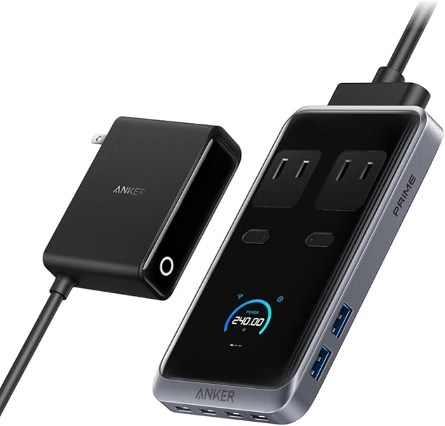 Anker Prime Charging Station (8-in-1, 240W) 【据え置き型/独自技術Anker GaNPrime採用/コンセント差込口 2口 / USB-C 4ポート / USB-A 2ポート / PSE技術基準適合】iPhone Galaxy Android スマートフォン MacBook ノートPC 各種 その他機器対応