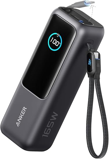 Anker Power Bank (25000mAh, Built-In & Retractable USB-C Cable), PD Compatible, PSE Standards Compliant, USB-C Input Support, 165W Output, MacBook PD Compatible, Windows PC, iPad Pro, iPhone 16/15