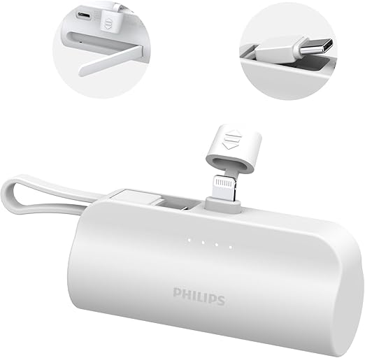 Philips (フィリップス) モバイルバッテリー 4800mA大容量 LightningコネクターUSB-Cケーブル内蔵軽量 小型 二台同時充電 モバイル充電器パススルー機能隠しスタンド PSE認証済 Lightning&USB-Cデバイス対応 DLP2550VW