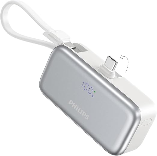 Philips (フィリップス) モバイルバッテリー 小型 直差し コードレス 4900mAh 軽量 iPhone 15 16 対応 折畳み式 USB-Cコネクター type-c ケーブル 内蔵 タイプc モバイル充電器 3台同時充電/パススルー機能/LEDディスプレイ PSE認証済 ホワイト DLP2558CW