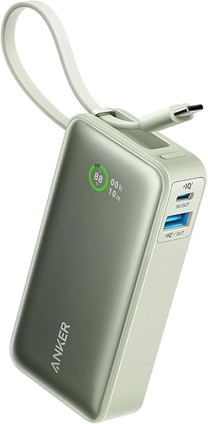 Anker Nano Power Bank (30W, Built-In USB-C Cable) (モバイルバッテリー 10000mAh 30W出力 大容量 LEDディスプレイ搭載 USB-Cケーブル内蔵 一体型)【PD/PowerIQ搭載/PSE技術基準適合】iPhone 16 / 15 / 14 / 13 Android MacBook その他各種機器対応 (グリーン)