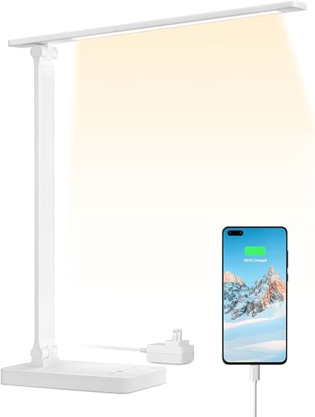 Lepro デスクライト led 目に優しい 電気スタンド DCアダプター付き 明るさ550ルーメン スタンドライト 卓上ライト おしゃれ 【5段階明るさ/電球色・白色・昼光色/タッチセンサー操作/調光調色/照明とデバイス充電を両立/多角度調整/コンセント付き】 卓上 勉強 机 明るい 読書灯 台灯 ブックライト (ホワイト)