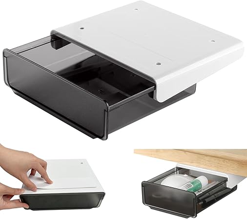 Soomil 【1個】デスク下 収納ボックス 後付け引き出し 便利 机下収納【整理収納アドバイザー推薦】 小物整理 事務用品 文房具 リモコン 食器収納 強力粘着 工具不要 簡単設置 両面テープ付き (ブラック, 20*23.5*7.2cm)