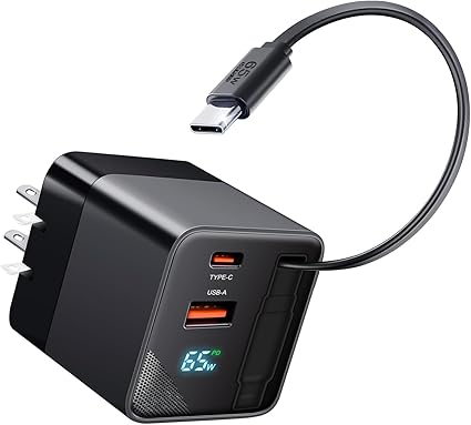 充電器 type-c 65W PD充電器「自動巻き取り式・PD3.0対応・LEDディスプレイ・折りたたみ式プラグ」3台同時充電 2USB-C&1USB-A タイプcケーブルー体型 急速充電器 コンパクト PSE認証 iPhone16/15/14/Android Galaxy Macbook ノートPC マートフォン タブレットなど対応