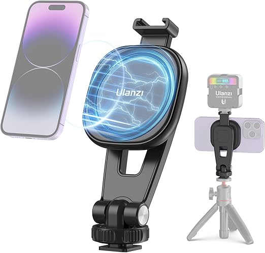 Ulanzi スマホホルダー三脚 MagSafe対応 三脚マウント磁気マグネット式 スマホホルダー 片手操作 超強力磁力 360度回転 コールドシュー付き 1/4インチネジ穴付き スマートフォン三脚マウント iPhone16用/15/14/14 Pro/iPhone13/13 Pro/13 Pro Max/13 Mini/12など対応 三脚/自撮り棒/カメラなどに適用