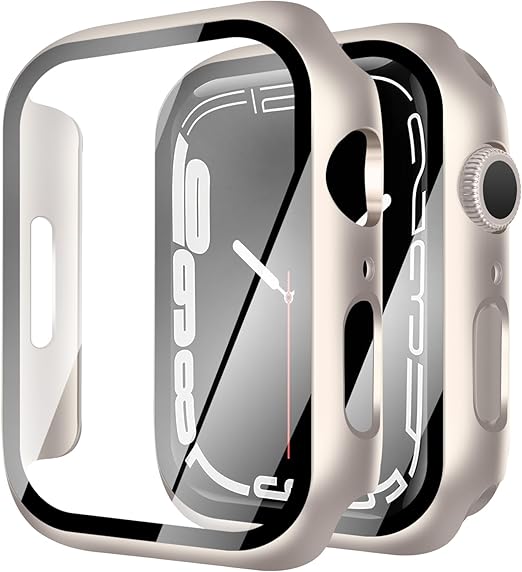 YUGYUG 対応 Apple Watch ケース Series 10 Apple Watch カバー PC素材 アップルウォッチ ケース ガラスフィルム 一体型 日本旭硝子材 二重構造 アップルウォッチ カバー 全面保護 強化ガラス キズ防止 (42mm,スターライト)