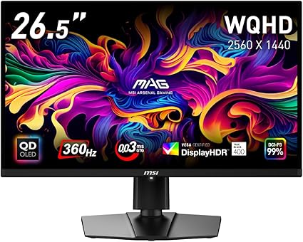 MSI QD-有機EL ゲーミングモニター MAG 271QPX QD-OLED 26.5インチ/WQHD/QD-OLEDパネル/360Hz/0.03ms(GTG)/ハードウェアブルーライトカット/DisplayHDR True Black 400/AIビジョン搭載/HDMI2.1/DP/USB Type-C/縦横回転・高さ調整/メーカー3年保証