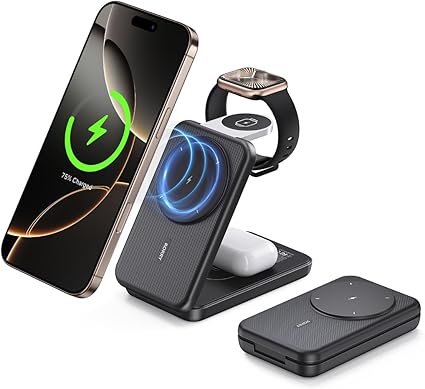 RORRY【業界初両用 ワイヤレス充電器とモバイルバッテリー両立 4in1magsafe充電器】アップルウォッチ充電器 10000mAh 大容量 モバイルバッテリー マグセーフ対応 iphone apple watch airpods 同時充電 折りたたみ式 充電スタンド パススルー充電 iPhone 16/15/14/13/12/iWatch Ultra2/S10/9/8/7/SEなどに対応