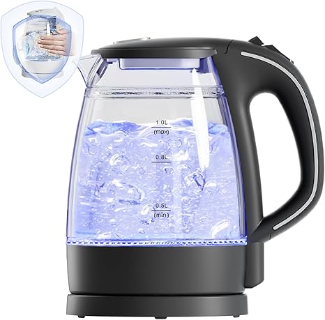 ハゴオギ (HAGOOGI) 電気ケトル ガラス 1L 二重構造 火傷防止【2023年最新昇級版】ケトル 電気 「本体青く光る」透明 耐熱ガラス 手軽な電気ケトル 沸騰自動OFF/空焚き防止機能 湯沸かし器 PSE認証済 プラスチック臭に敏感な人に最適 コーヒー 紅茶 お茶 新生活 ブラック