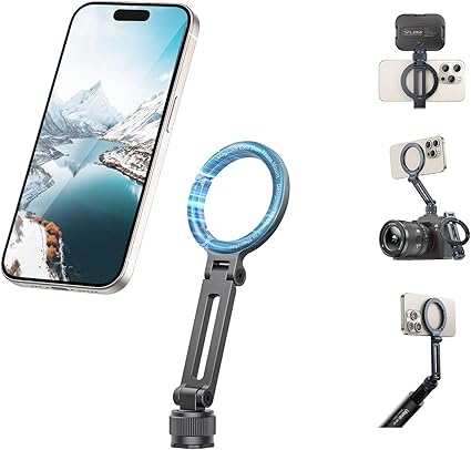 Ulanzi magsafe用スマホホルダー コールドシュー付き カメラマウント マグセーフリングライトに対応 磁気マグネット式 スマホ三脚ホルダー 1/4インチネジ穴 三脚アダプター 角度調整 折りたたみ式 アルミ製 iPhone用/Android/カメラ/ライトに対応 Maglock MA07
