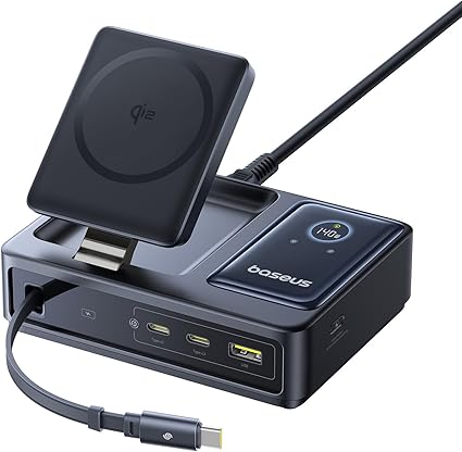 Baseus Nomos 140W 急速充電器 Qi2 ワイヤレス充電器 5in1 「PD 140W + Qi2認証 15W」 巻き取り式 ケーブル内蔵 MagSafe対応 折り畳み スタンド付き 角度調整可能 iPhone 16 / 15 / 14 / 13 / 12 シリーズ対応 Macbook Dell HP GalaxyなどのノートPCに対応