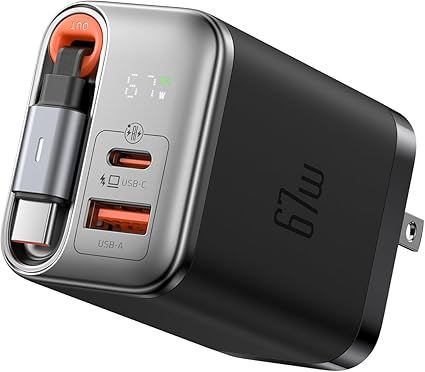 Mcdodo 67W GaN 急速充電器 PD充電器 Type-C充電器 USB-C & USB-Aポート【伸縮式USB-Cケーブル付き/出力デジタル表示/GaN新技術】折りたたみ式プラグ PD3.0/QC4.0/PPS等規格対応 MacBook iPad iPhone Galaxy Android スマホ ノートPC その他対応 PSE技術基準適合 ブラック