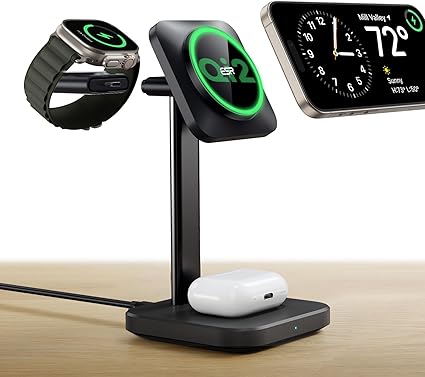 ESR Qi2 MagSafe 充電器 3in1 ワイヤレス充電器(最大15W高速充電) Apple公式認証 HaloLock 置くだけ 高速充電 マグセーフ 充電ステーション 同時充電 スタンド 取り外し可能なアップルウォッチ充電器 iPhone 16/15/14/13/12シリーズ用 AirPods 4/3/AirPods Pro用 アップルウォッチ用 3in1 ブラック