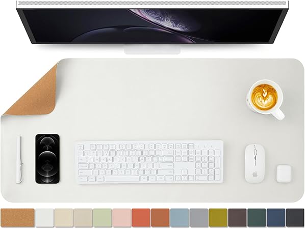 ナチュラルコルク &PU両面デスクマット、大型マウスパッド、デスクプロテクター、防水キーボードマット、オフィス/家庭/ゲーム/装飾に最適(白い、90cmx43cm)