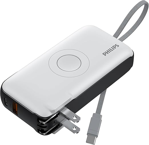 Philips(フィリップス) モバイルバッテリー コンセント一体型 10000mAh Apple Watch対応 アップルウォッチ ACプラグ付き 大容量 携帯充電器 PD 20W出力 4台同時充電 折りたたみ式/USB-Cケーブル内蔵/パススルー機能/ディスプレイ搭載/プラグ変換可能 PSE認証済 ホワイト DLP4350Q