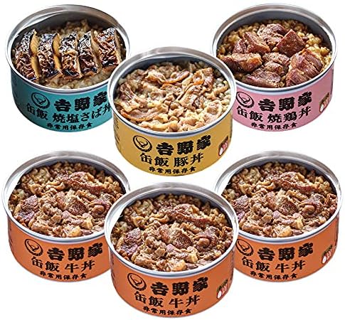 吉野家 缶飯 ( 玄米入り ) 4種 計6缶 ( 牛丼 3缶 / 豚丼 1缶 / 焼鶏丼 1缶 / 焼塩さば 1缶 各160g / 常温 ) 缶詰 非常食 保存食 防災食 ( おかず おつまみ 詰め合わせ ) 公式ショップ