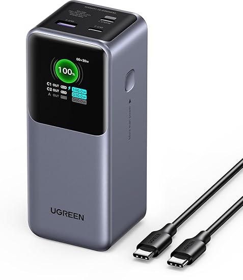UGREEN Nexode モバイルバッテリー (20000mAh・130W) 3ポート USB-C×2 USB-A×1 革新なTFTディスプレイ PD・PPS急速充電対応 大容量 縦置きデザイン 省スペース パススルー/低電流モード搭載 PSE技術基準適合 MacBook PD対応Windows PC iPad iPhone Galaxy Android スマホ ノートPC その他 PB721