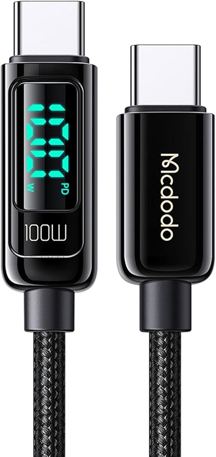 Mcdodo USB-C to USB-Cケーブル 出力スクリーン表示 100W PD急速充電 E-markerチップ搭載 高速データ転送 iPhone 16 ケーブル 亜鉛合金シェル 高耐久ナイロン編み タイプC充電コード Type-C ケーブル MacBook iPad iPhone 16/15 Xperia Galaxy Android その他USB-C機器対応 1.2m ブラック