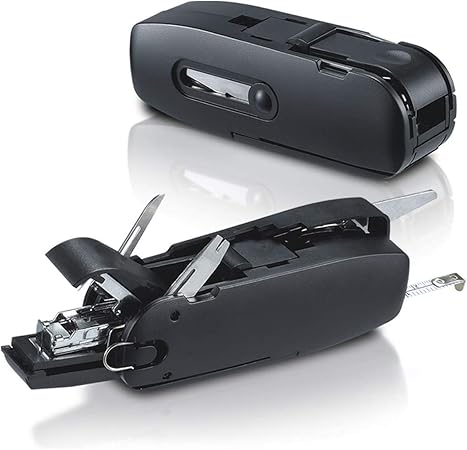 ECONUS 多機能文房具セット ツールキット 8点 握りやすい ホチキス/穴あけパンチ/鉛筆削り/はさみ/巻き尺/ナイフ/ステープルリムーバー/収納ボックス/フック付 ステンレス鋼製 コンパクトサイズ 事務仕事 職場 学校などで大活躍 ブラック 11.2×3.7×3.2cm