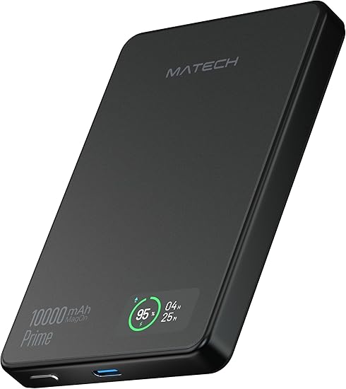 MATECH Qi2 モバイルバッテリー マグセーフ 超薄型 小型 軽量(薄さ12.9mm, 10000mAh)【MagSafe対応マグネット式/最大出力15W ワイヤレス/タイプC PD22W/iPhone12~16対応】(MagOn Prime 10000 ブラック)