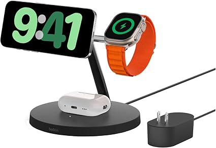 Belkin 3 in 1 MagSafe充電器 最大15W高速充電 ワイヤレス充電器 MagSafe公式認証 iPhone 15 / 14 / 13 / 12 Apple Watch 8/7/Ultra 高速充電対応 AirPodsワイヤレス充電対応 ブラック WIZ017dqBK