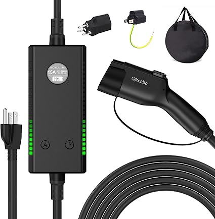 Qkcabo EV 充電器 電気自動車 充電ケーブル 、100-240V 6/8/10/13/15A 電流調整可能の家庭用PHV/EV充電ケーブル SAE J1772 ポータブル充電器 ケーブル長7.6メートル (200V/100V 3P→2P変換)