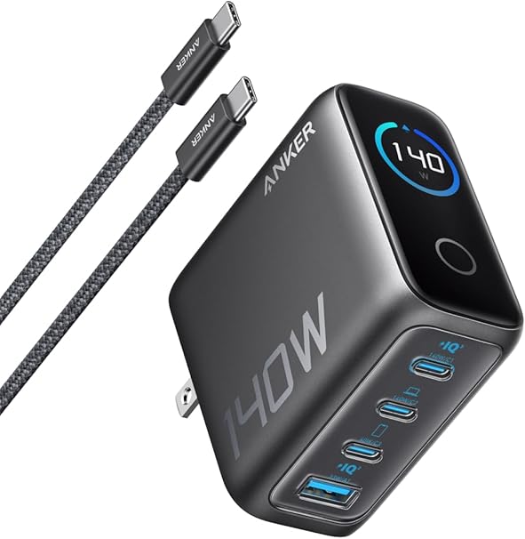 Anker Charger (140W, 4 Ports) with USB-C & USB-C Cable, Dark Grey