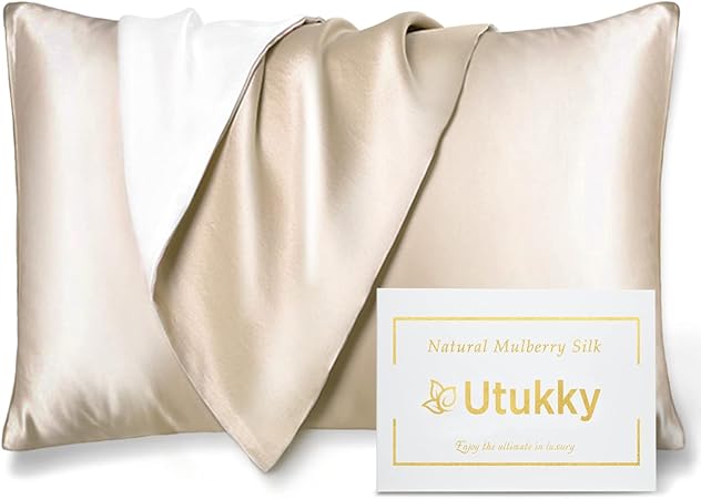 Utukky シルク枕カバー【TVで紹介】まくらカバー 片面シルク枕カバー 43×63cm 封筒式枕カバー シルクピローケース テンセル 洗える 寝癖軽減 抗菌防臭 美髪・美肌 敏感肌に優しい 四季適応 クリスマス 新年ギフト 贈り物 1枚セット シャンパン