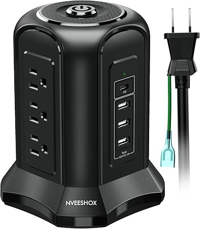 電源タップタワー型 Type-C付 PD機能付き usbコンセント 延長コード 2m 雷ガード 9個AC口 4個USBポート たこあしコンセント テーブルタップ OAタップ 安全保護機能 自宅用 会社用 ブラック NVEESHOX
