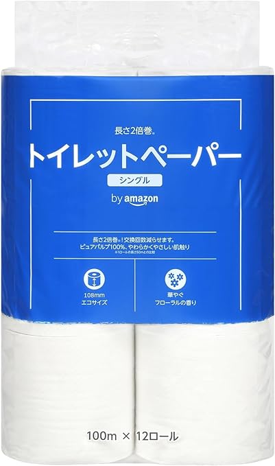 by Amazon トイレットペーパー 長さ2倍巻 100m x 12ロール シングル 単品 (12ロールで24ロール分) フローラルの香り