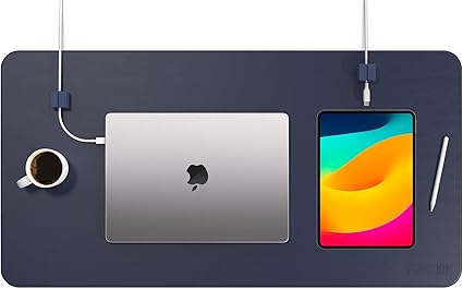 Function101 DESK MAT PRO+CABLE BLOCK ×2 マグネットでデスクトップ上のケーブルを整理、プレミアムエコレザーデスクパッド+2個の強力マグネット式シリコンケーブルホルダー、パッド裏面は人工スエード製(約787mm×約406mm)ネイビー