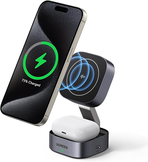 UGREEN MagFlow Qi2 ワイヤレス充電器 15w magsafe対応 折りたたみ式 マグセーフ 充電スタンド【 2IN1+2*USB Cポート】 iPhone 16/16 Plus/15/14/13/12 シリーズ、AirPods 3/2など