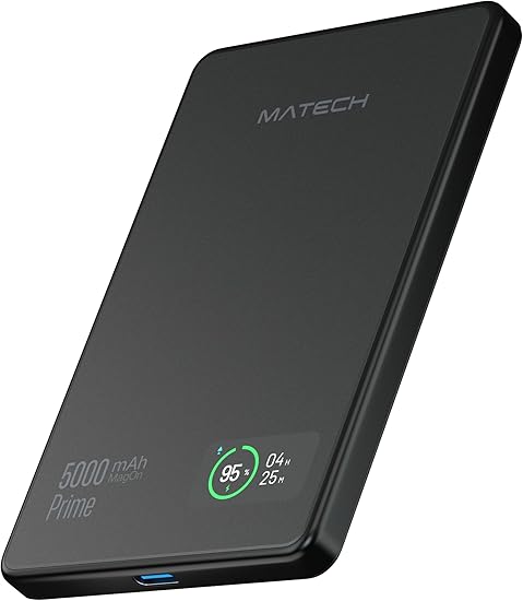 MATECH(マテック)® Qi2 モバイルバッテリー マグセーフ 超薄型 小型 軽量(薄さ8.7mm, 5000mAh)【MagSafe対応マグネット式最大出力15W ワイヤレス/タイプC PD22W/iPhone12~16対応】(MagOn Prime 5000 ブラック)