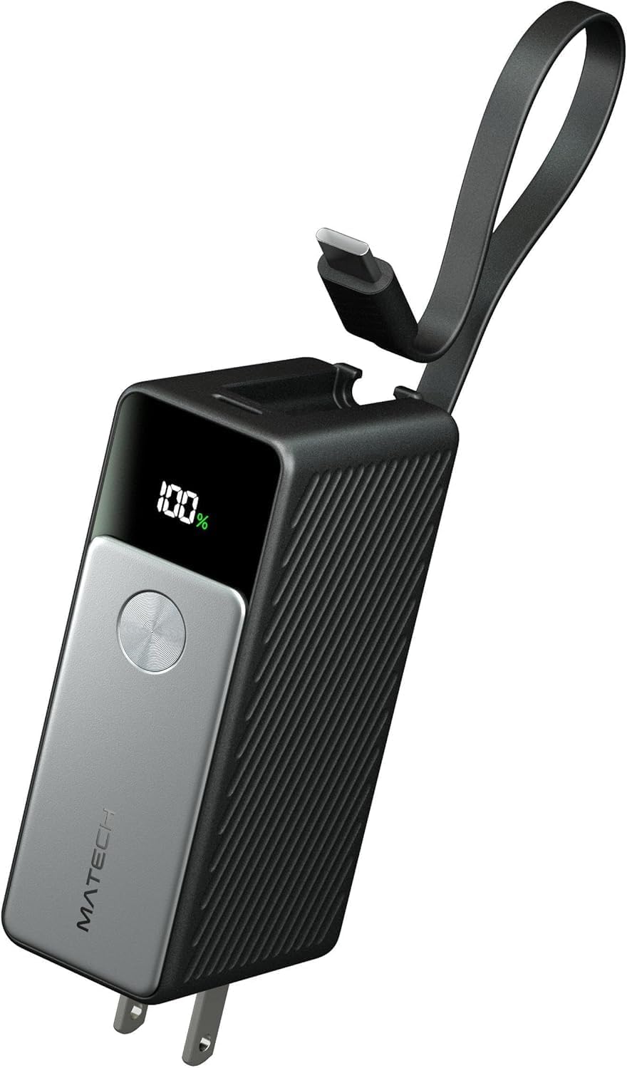 MATECH モバイルバッテリー コンセント一体型(45W出力, 5000mAh)【GaNUltra採用/LEDディスプレイ搭載/USB-Cケーブル一体型/コンセント一体型/折りたたみ式プラグ】iPhone MacBook Android その他機器対応 (PowerFusion 5000 45W) (メタリックブラック)