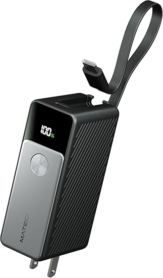 MATECH(マテック)® MATECH モバイルバッテリー コンセント一体型(45W出力, 5000mAh)【GaNUltra採用/LEDディスプレイ搭載/USB-Cケーブル一体型/コンセント一体型/折りたたみ式プラグ】iPhone MacBook Android その他機器対応 (PowerFusion 5000 45W) (メタリックブラック)