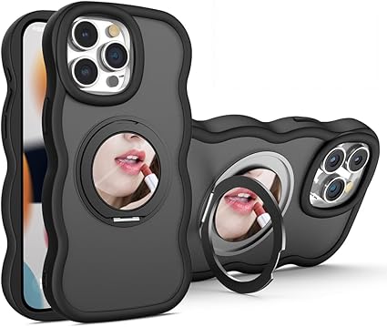 Kanyaku Iphone16Pro用の ケース magsafe対応 超強磁力 TPU 韓国 可愛い ウェーブ ソフト 滑り止め 鏡付き 耐衝撃 半透明 マット感 おしゃれ スマホケース アイフォン 16Pro 用 ケース 360°回転スタンド 縦横両対応 スマホケース iphone 16Pro 用 マグセーフ リング マグネット搭載 (360JZ-16pro-hei)