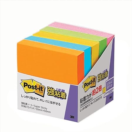 ポストイット 付箋 強粘着 ノート ネオンカラー 50×50mm 90枚×5冊 650-5SSAN