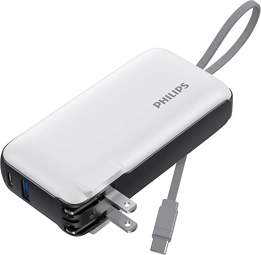 Philips(フィリップス) モバイルバッテリー コンセント一体型 10000mAh ACプラグ付き 大容量 携帯充電器 PD 20W出力 3台同時充電 折りたたみ式/Type-Cケーブル内蔵/パススルー機能/ディスプレイ搭載/アダプター変換可能 PSE認証済 ホワイト DLP4350CW